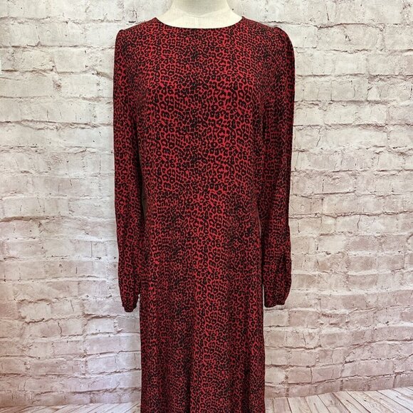 LOFT Womens Midi Dress Size 4 Red Animal Print Cheetah Long Sleeve Side Slit NEW - Picture 2 of 11
